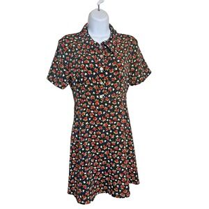 Vtg 90s PJLA Black Floral Crepe Mini Dress~L~Fit & Flare Retro Grunge Rockabilly